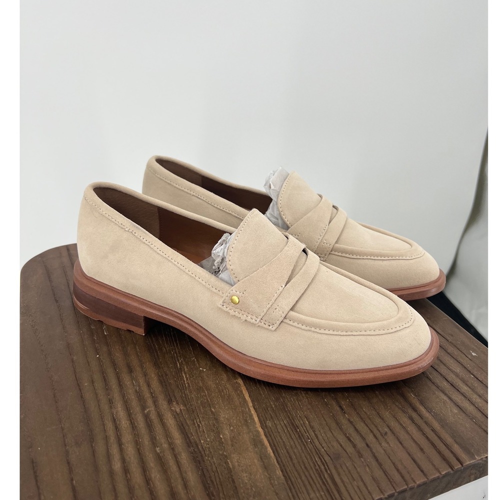 Franco Sarto Womens Beige Suede Penny Loafers Size 7M Almond Toe Slip On Shoes